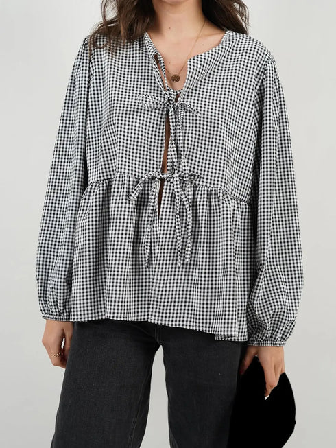 'Adalet' Linen Look Tie Front Smock Blouse - Celes Fashion